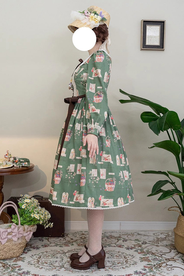 Lantern Sleeve OP Dress with Floral Print - Sweet Lolita