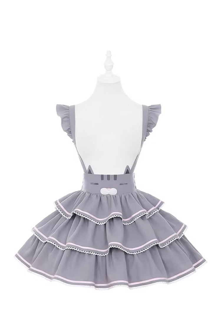 Grey Gloomy Cat Series Sleeveless Triple-Layered Ruffled Sweet Suspender Cake Strap Dress
