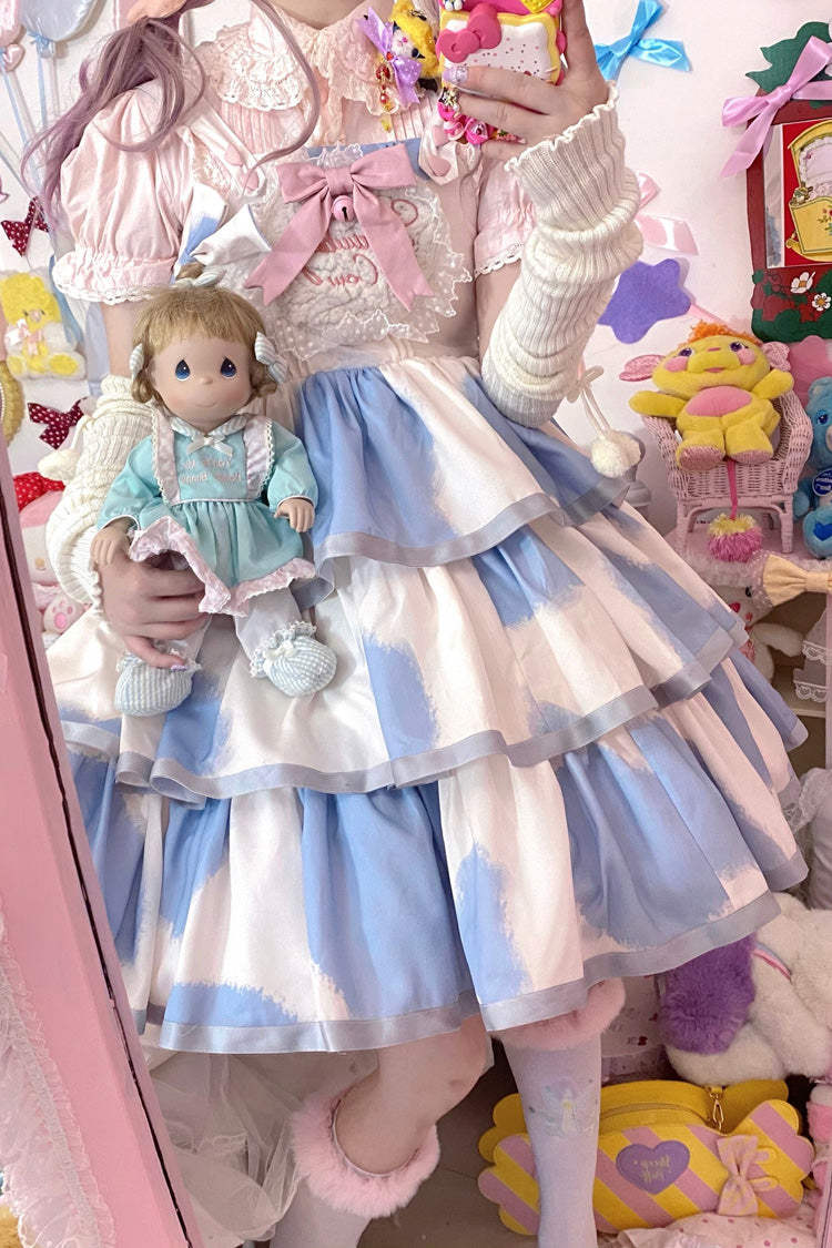 Blue Sleeveless Triple Layer Cow Print Ruffle Bow Sweet Jsk