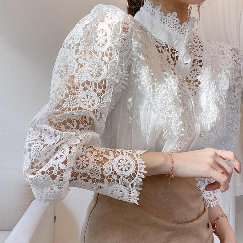 Elegant Pearl Hollow Out Lace Shirt