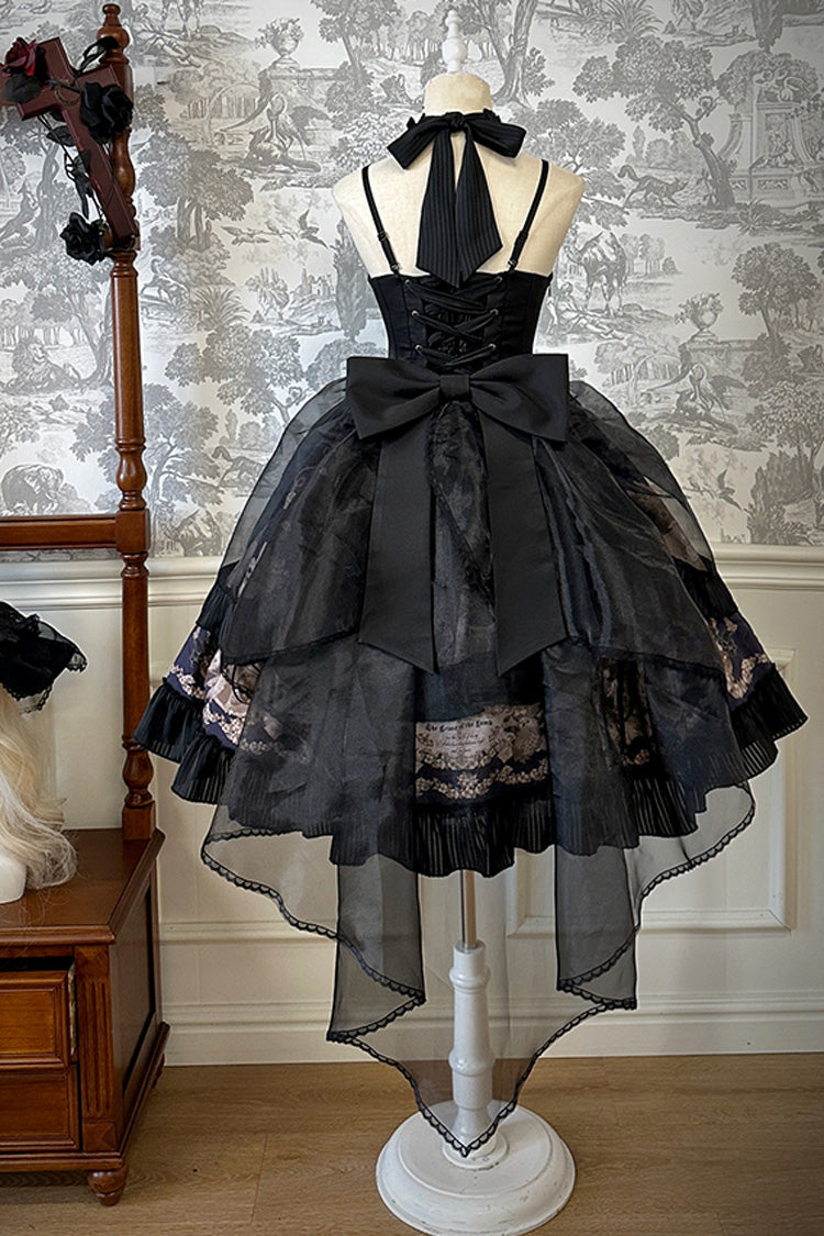Black Halterneck Print Bowknot Drawstring Gothic Lolita Dress