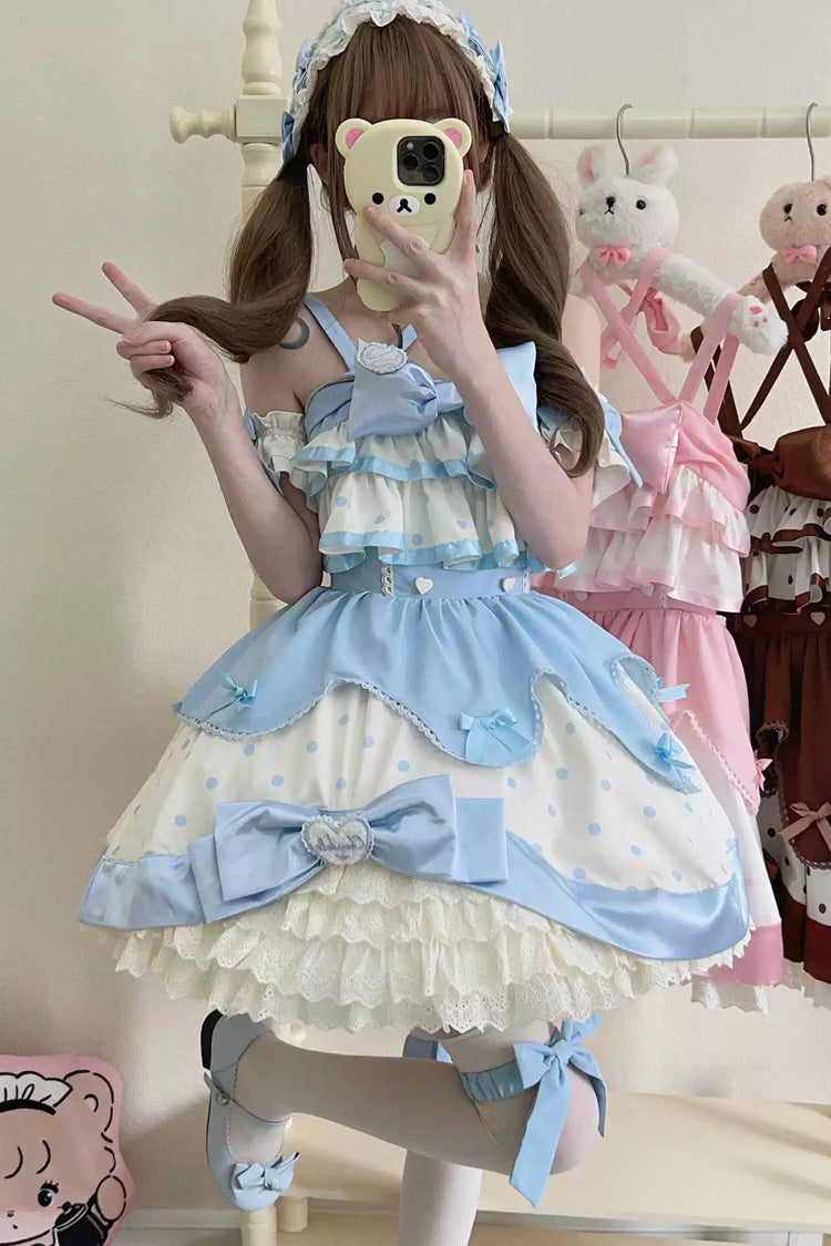 Blue Cream Polka Dot Ruffled Bowknot Sweet Lolita Jumper Dress