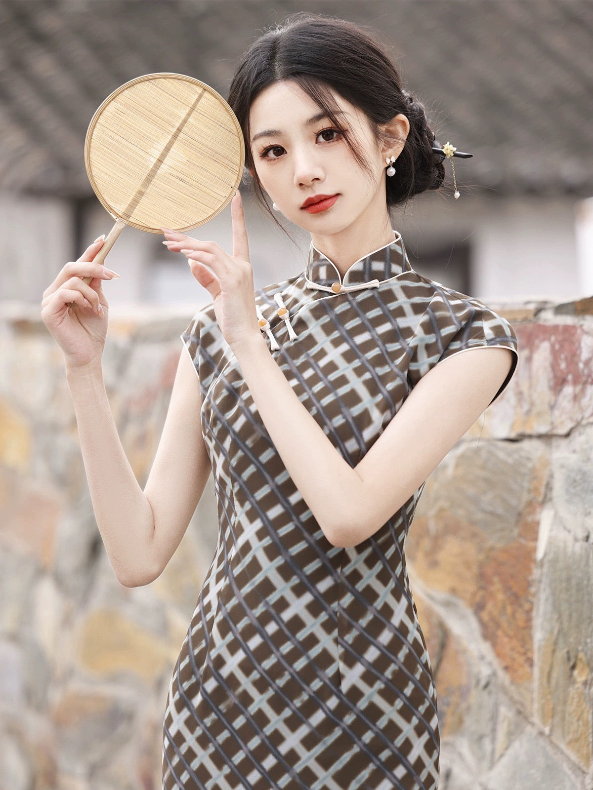 Patterned Beige Short Sleeve Long Cheongsam