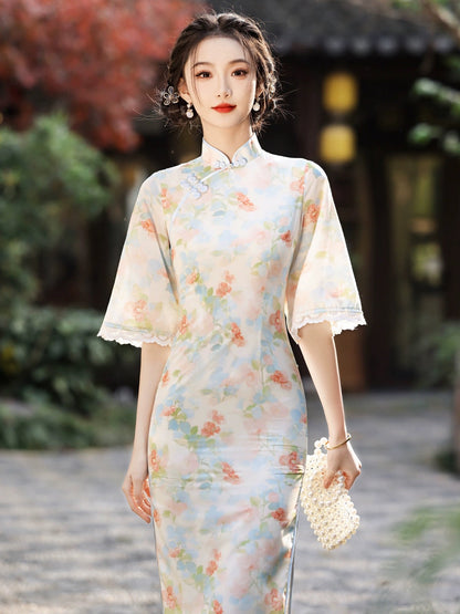 Spring Floral Wide Sleeve Long Cheongsam