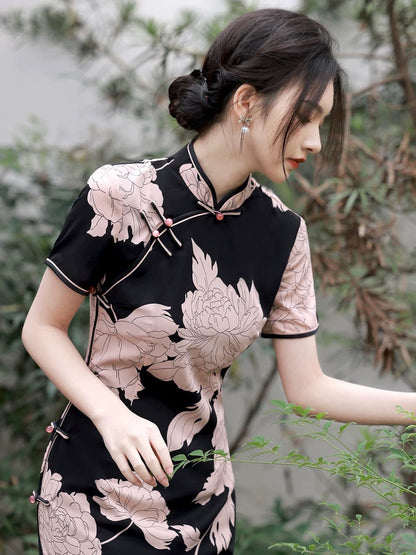 Black with Pink Flowers Cheongsam