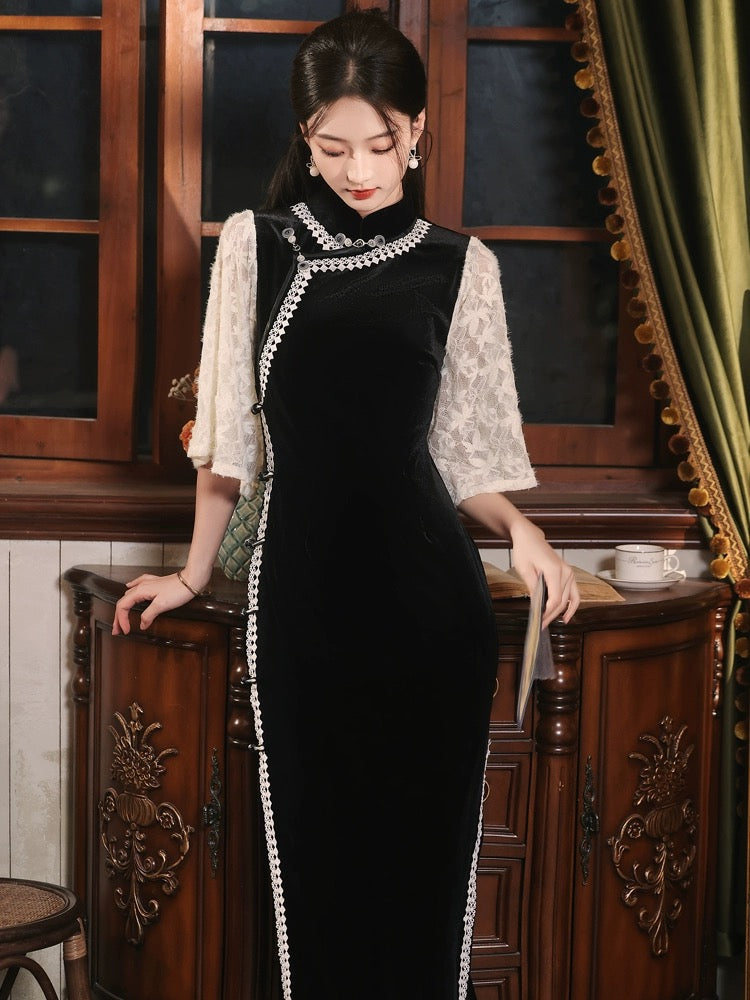 Vintage Lace Sleeve Long Cheongsam