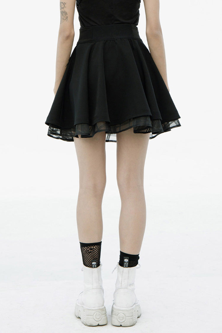Women's Punk Skirt in Black with Metal Buckle Loops, High Waist & Mesh Splice