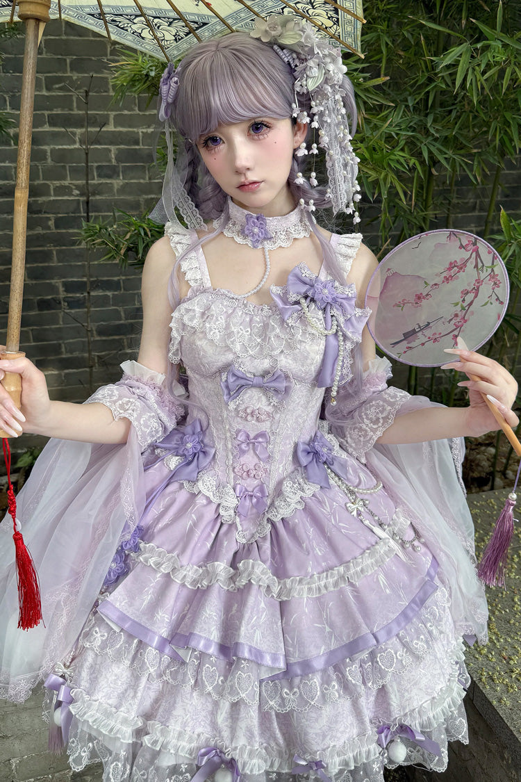 Purple [Prelude of Spring Cherry] Square Collar Sleeveless Multi-Layered Jacquard Ruffled Bow Lace Pearl-Decorated Sweet Lolita Jsk Dress