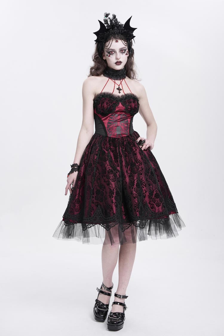 Crimson Halterneck Skeleton Print Embroidered Stitching Lace Gothic Gown