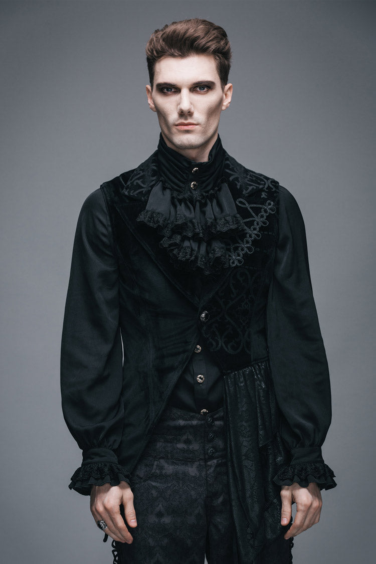 Noir Velvet Gothic Vest with Frog Buttons and Floral Motif