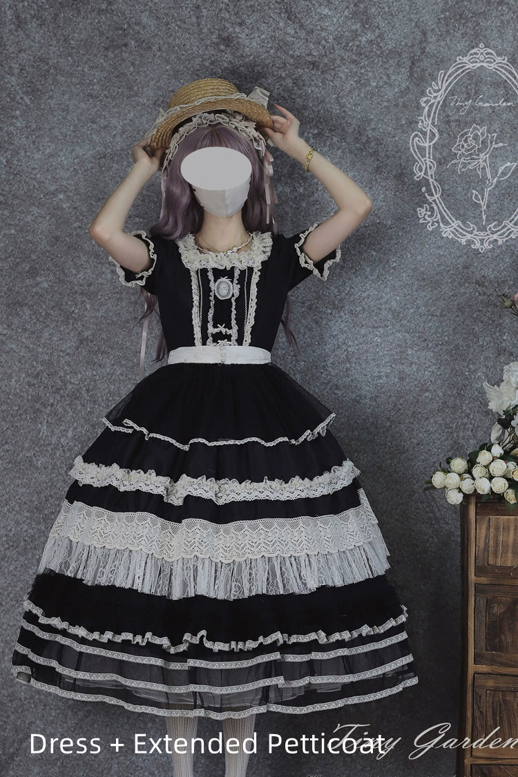 Noir Square Neck Short Sleeve Lace Pearl Sweet Dress - Vintage Ball 3.0