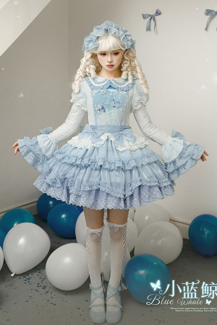 Whale Lapel Collar Short Sleeve Triple Ruffle Embroidered Sweet Lolita Dress
