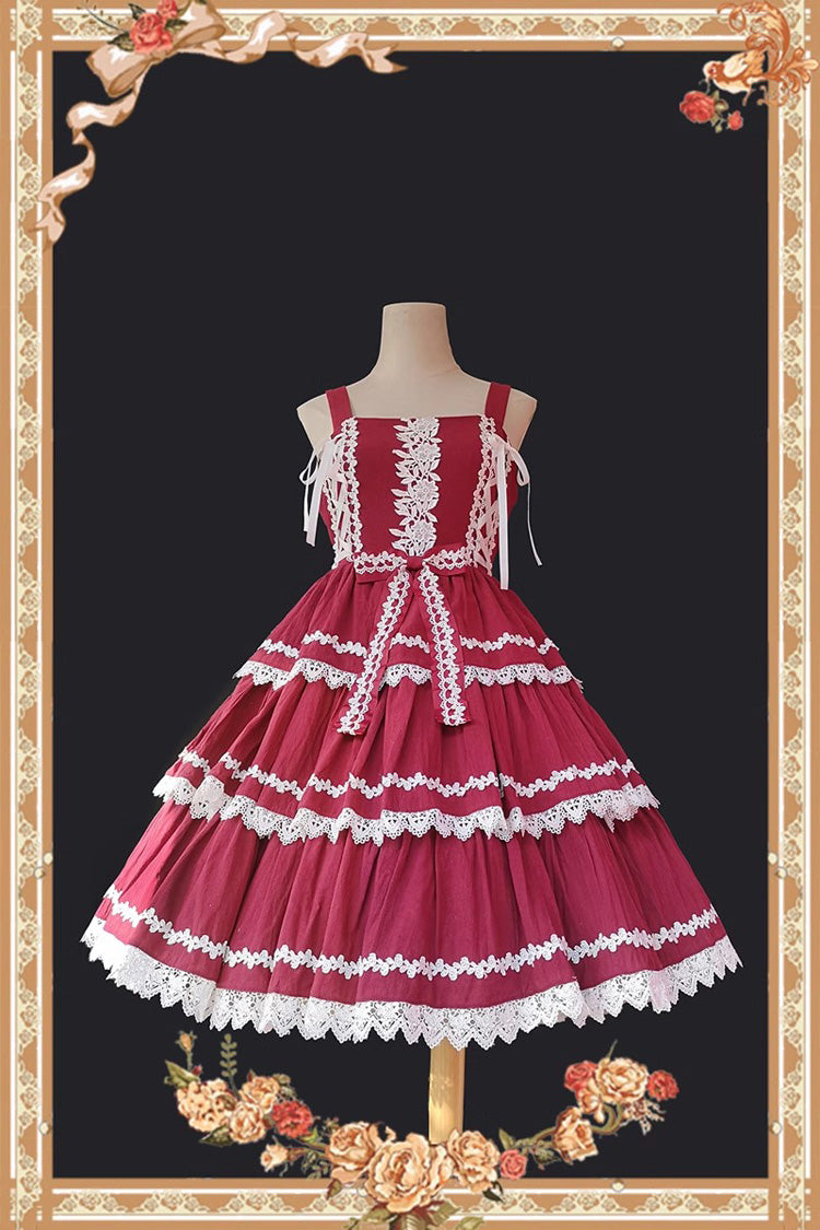 Red and White Three-Tiered Sweet Lolita Dress with Ribbon and Sleeveless