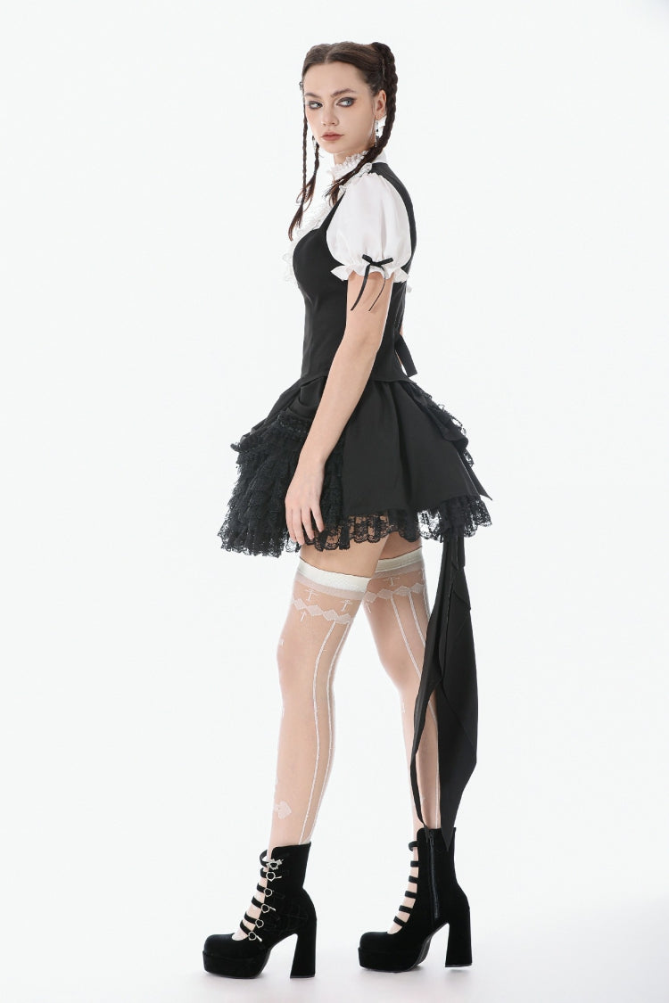 Monochrome Gothic Royal Blouse with Lace Ruffles and Stand Collar