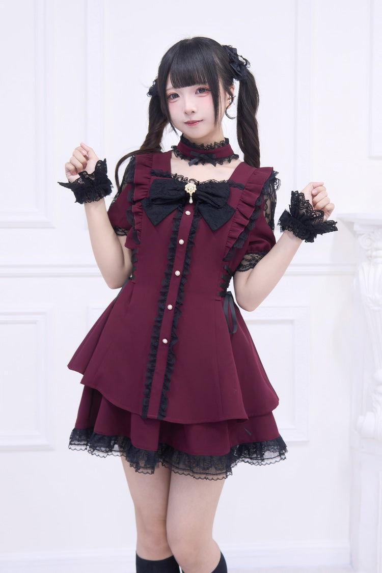 Red Short Sleeve Ruffled Bow Gothic Jirai Kei Dress Set