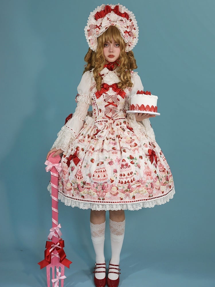 JSK Print Strawberry Sweet Accents and / Lolita White Set Bow Desserts Full