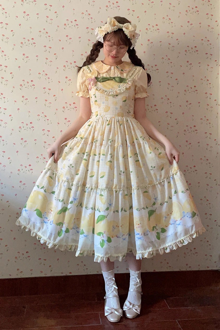 Sunshine Printed Ruffle Bow Lace Sweet Long Jumper - Lemon Chicken