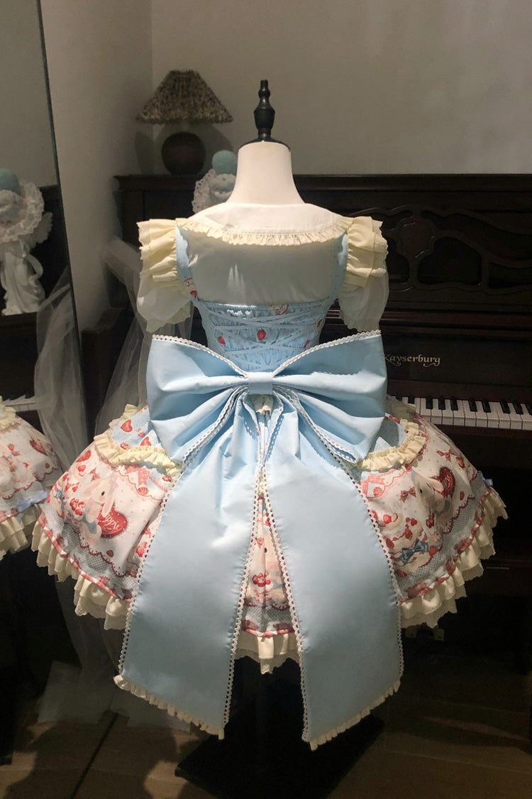 Blue [Cute Rabbit Party] Sleeveless Double-Layered Printed Ruffled Bow Sweet Lolita Jsk Dress