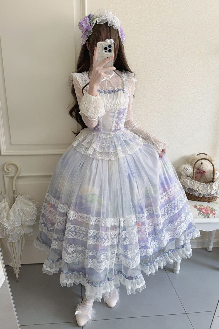 Light Purple Mist-shrouded Vineyard Sleeveless Ruffle Lace-Up Jsk Dress
