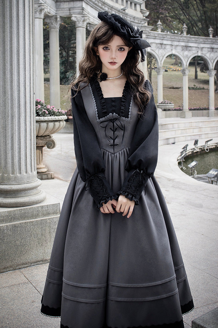 Ash Square-Collar Color-Block Lolita Gown with Lace-Up Bow