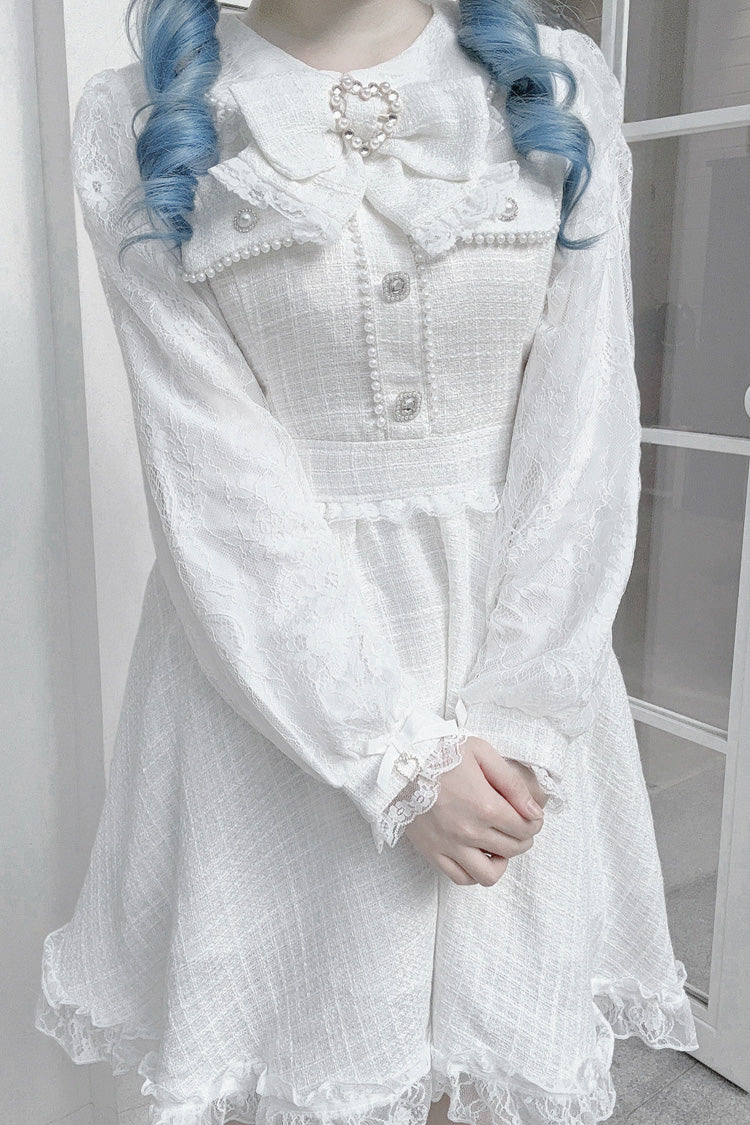 White Long Sleeve Bow Lace Pearl Sweet Jirai Kei Dress