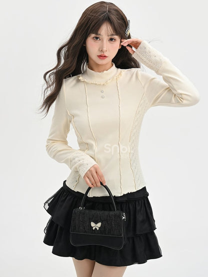 Apricot Crochet Patchwork Waist and Cuffs Slim-fit Long Sleeves Top