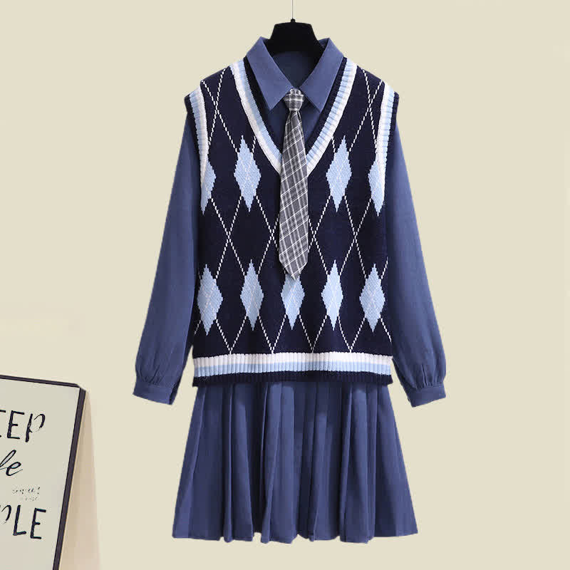 Lapel Tie Pleated Shirt Dress Rhombus Print Vest Set