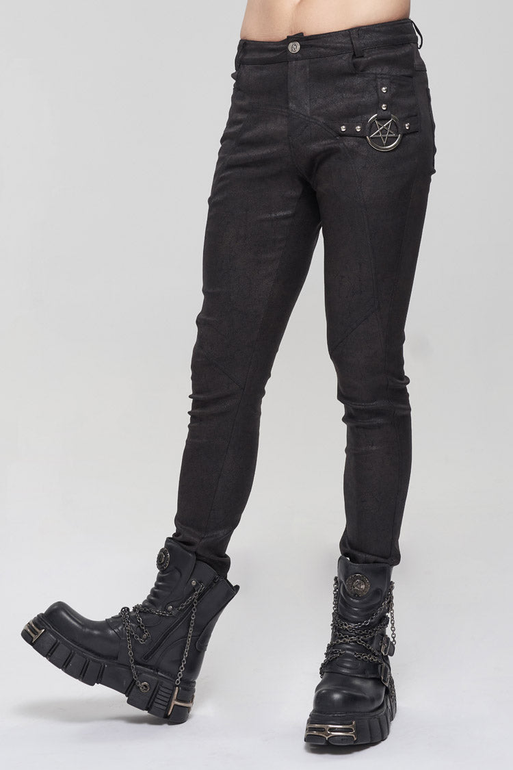 Men's Punk Slim Pants with Metal Pentagram, Crackle Finish and Basic Funds