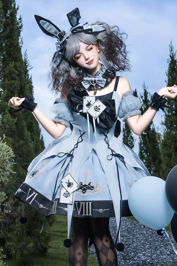 Clock Rabbit Card Game Sleeveless Jacquard Ruffle Embroidered Bow Gothic Jumper Dress
