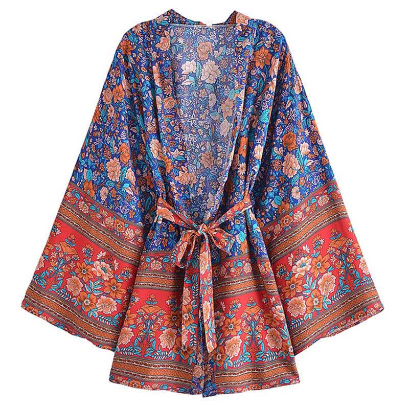 Boho Flower Print Belt Cardigan Outerwear