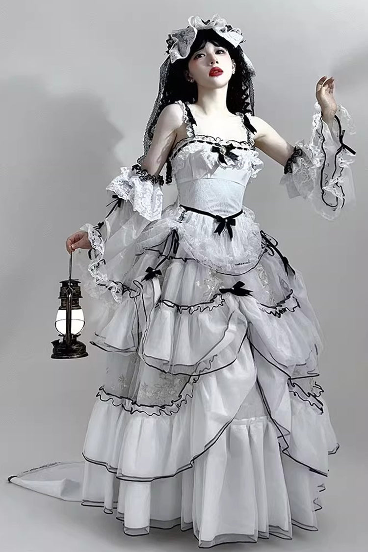 Cascade Poem Sleeveless Multi-Layered Ruffled Hanayome Bow Lace Gothic Plus Size Gorgeous Lolita JSK Long Dress - White