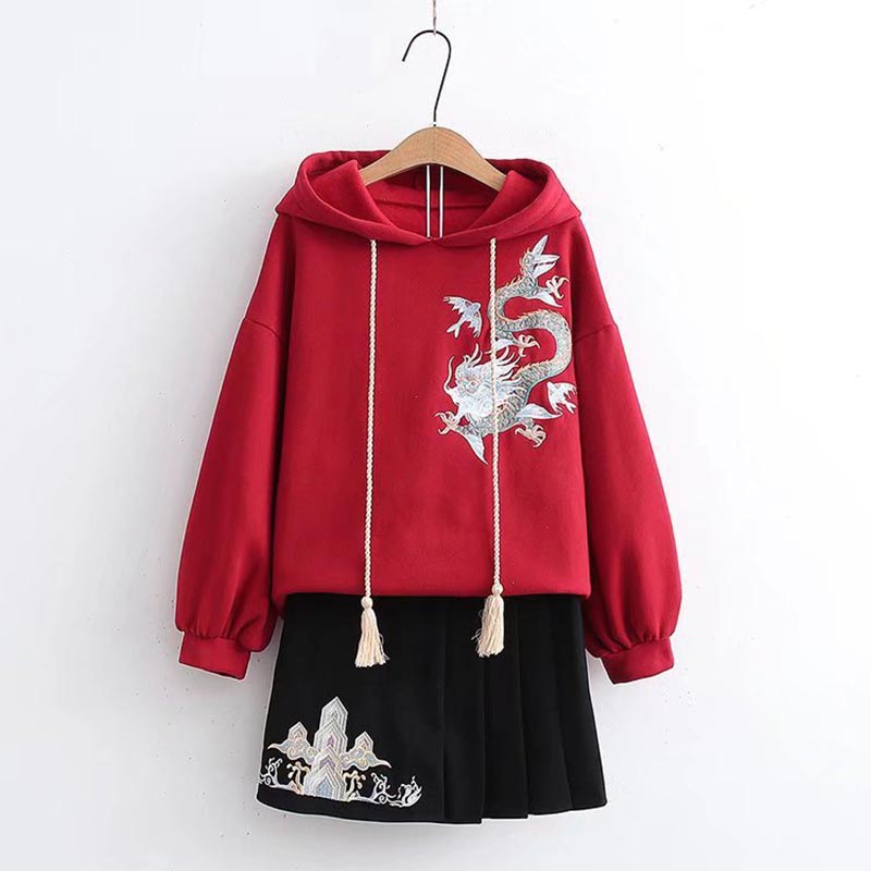 Vintage Dragon Embroidery Hoodie Skirt Set