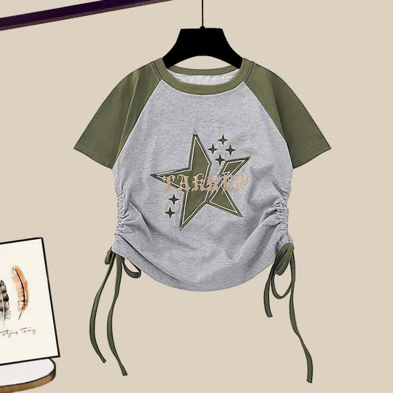 Green Colorblock Star Letter Crop Top T-Shirt Cargo Pants