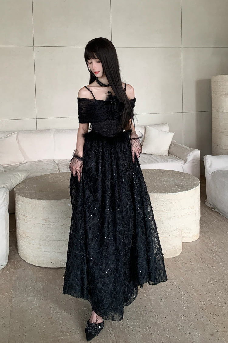 Off Shoulder Jacquard Embroidered Bow Gothic Lolita Jsk Dress - Swan