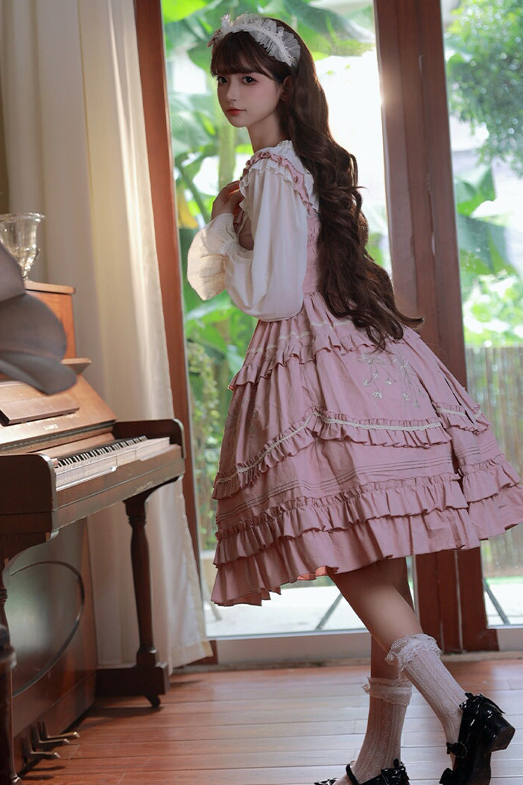 Pink Pastoral Double Ruffled Embroidery Sweet Lolita Jumper Dress