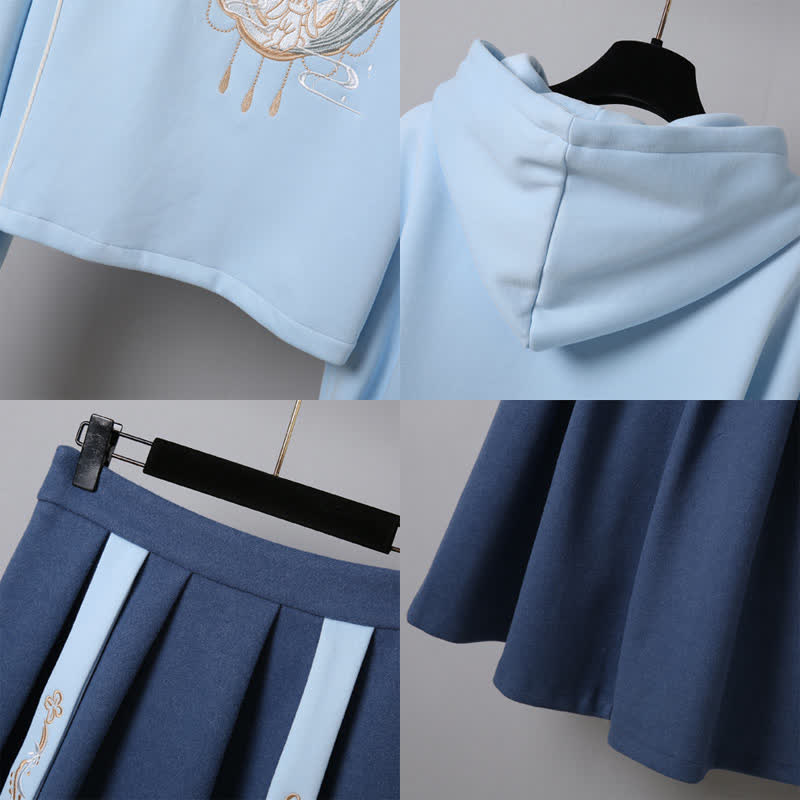 Exquisite Embroidery Buckle Long Sleeve Plush Hoodie Skirt