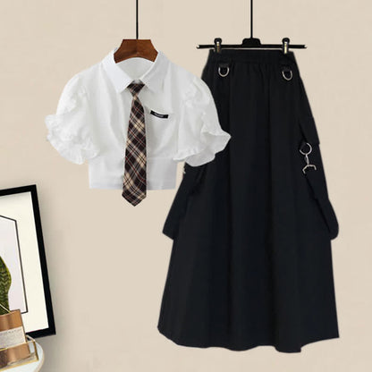 Pocket Lapel Tie T-Shirt Suspender Skirt Set