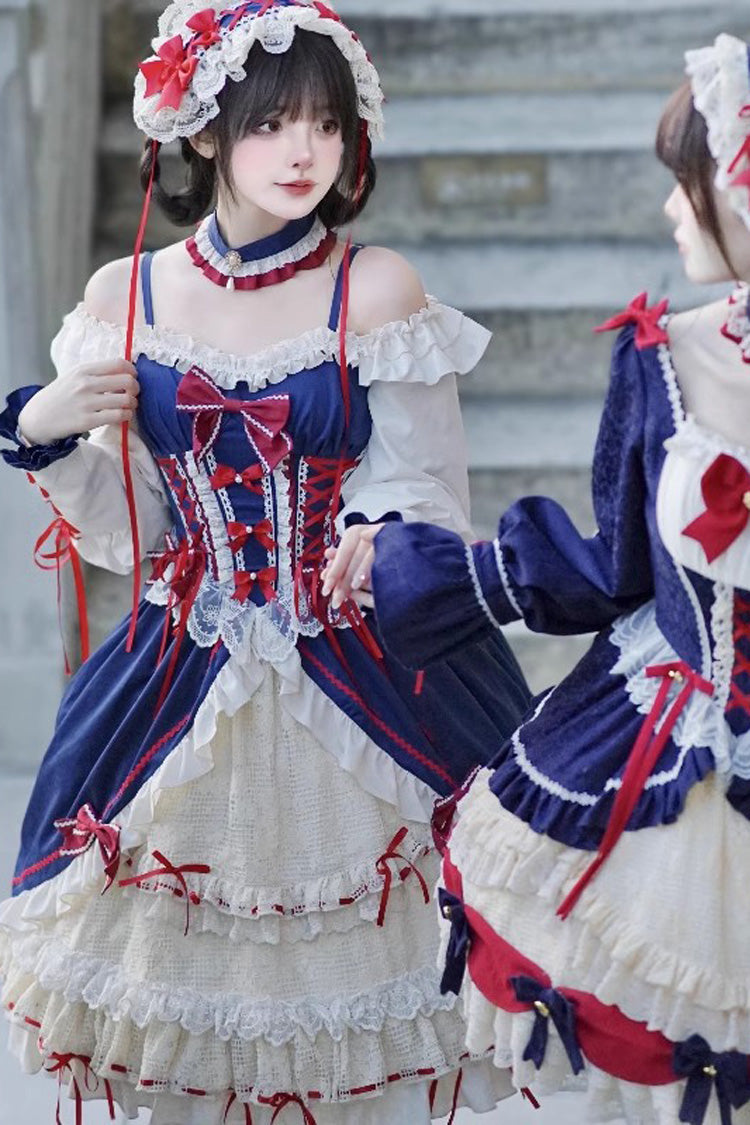 White-Blue Long Sweet Lolita Ruffle Cardigan Bowknot Dress