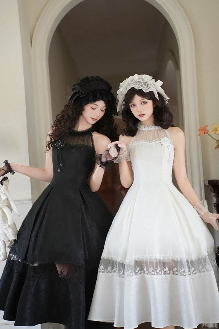 Onyx Off Shoulder Halterneck Printed Ruffle Gothic Elegant Dress - Flowers in the Mist