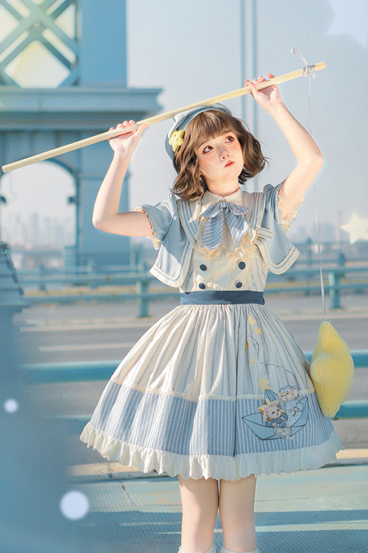 Navy Star-Print Ruffle Sleeveless Bowknot Sweet Lolita Dress