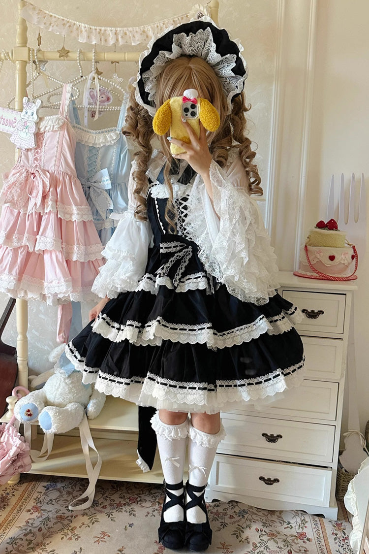 Black Maiden Heart Triple Layer Ruffle Bow Lace Sweet Jsk