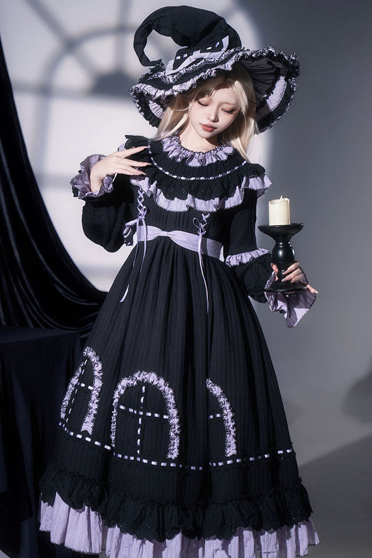 Noir Round Collar Long Sleeve Double Ruffle Lace-Up Dress - Twin Lilian