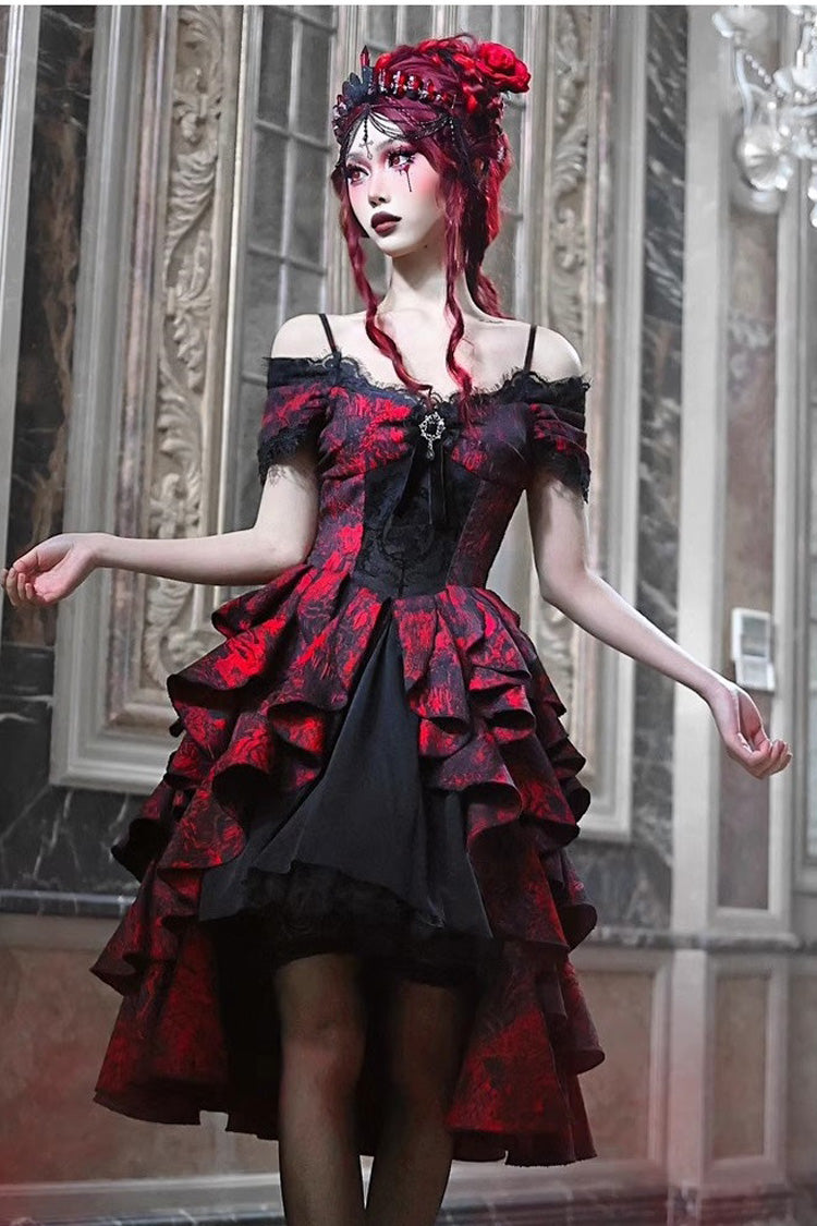 Black Red Feast in Hades Short Sleeve Print Ruffle Cardigan Dress