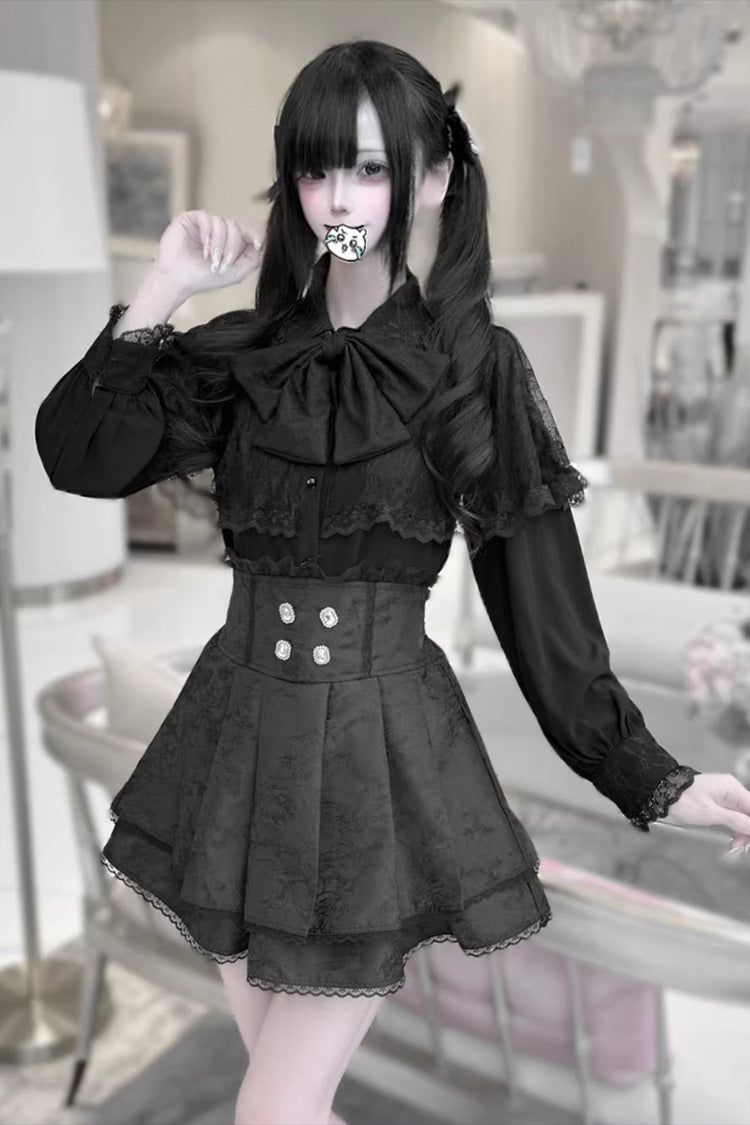 Dark Moon Shadow Double-Layered Ruffled Embroidered Bow Corset Gothic Jirai Kei Top and Skirt Set