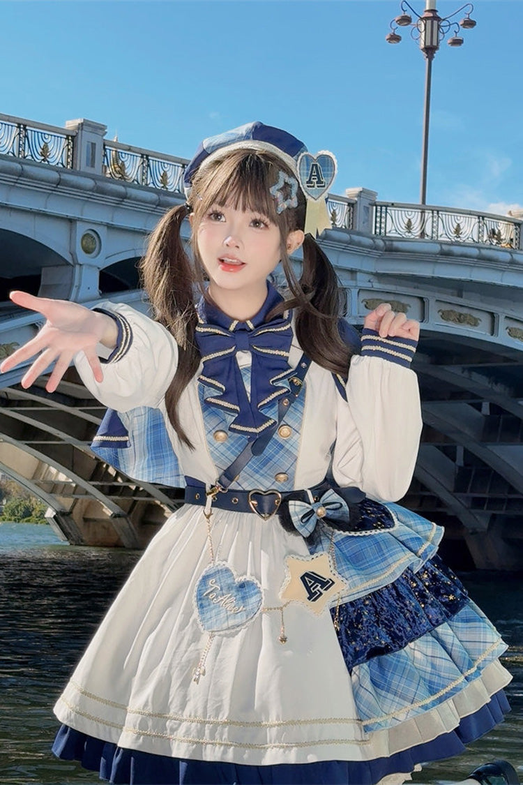 White Blue Starlight Academy Style Long Sleeves Printed Ruffled Spliced Asymmetric Faux Two-Piece Sweet Dress