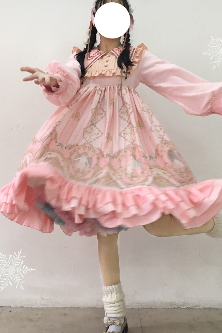 Angel Print Long Sleeve Sweet Lolita Dress with Bow and Ruffles