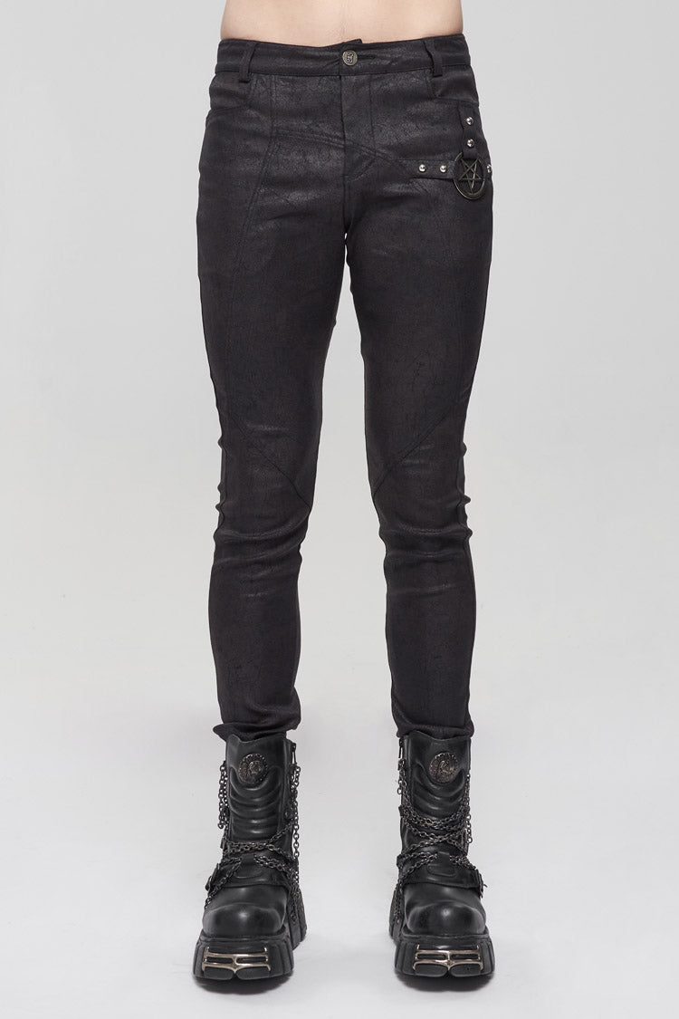 Men's Punk Slim Pants with Metal Pentagram, Crackle Finish and Basic Funds