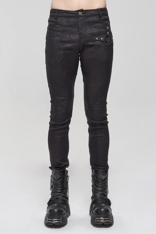 Men's Punk Slim Pants with Metal Pentagram, Crackle Finish and Basic Funds