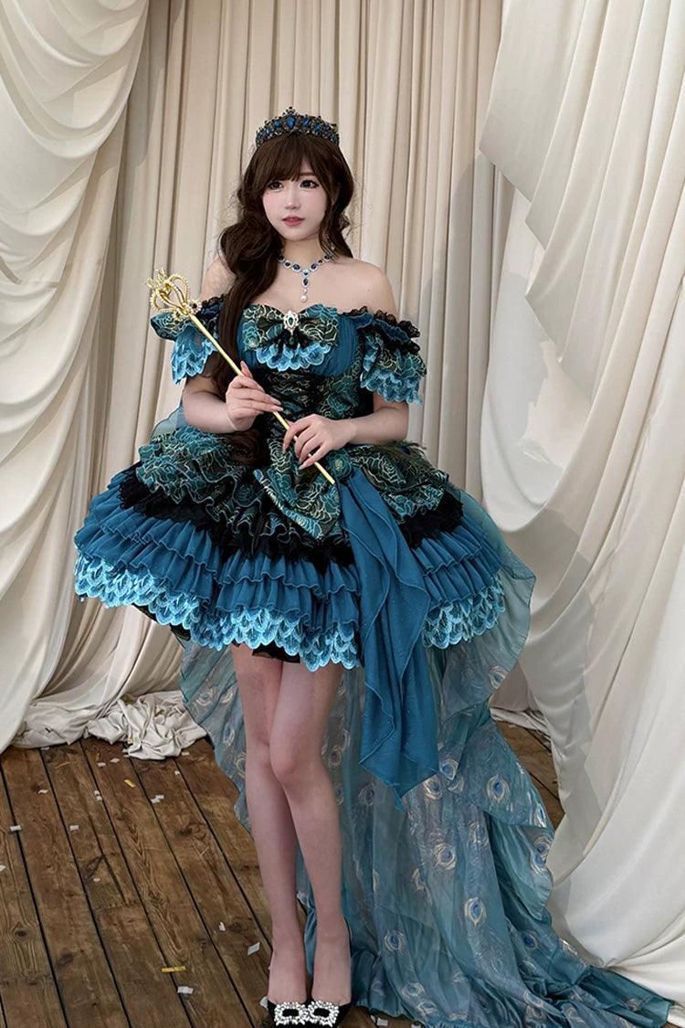 Blue/Green [Peacock Spirit Princess] Sleeveless Multi-Layered Ruffled Bow Lace-Up Classic Elegant Lolita Jsk Dress
