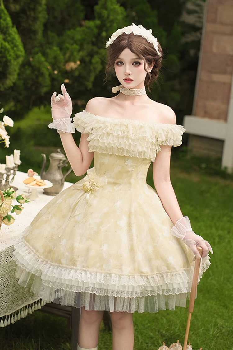 Golden Square Collar Flutter Sleeve Printed Ruffle Lace Sweet Elegant Short Dress - Falling Flowers as a Message